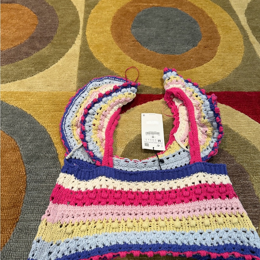 NWT Zara Women Crochet Ruffle Sleeve Colorful Stripe Crop Top Bohemian Medium - Picture 4 of 4